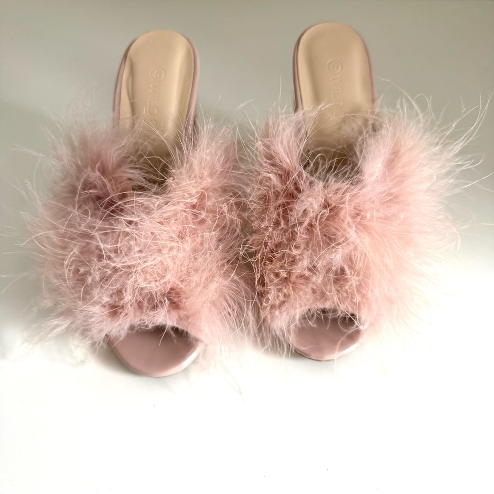Wild Diva Blush Pink Feathered Slip On Heeled Mules size 5 - Picture 7 of 15
